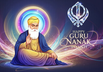 Happy Guru Nanak Jayanti Greeting with Guru Nanak Dev Ji and Golden Khanda Symbol
