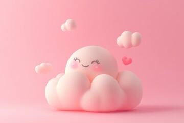 Cute Character Cloud with Smile and Hearts on Soft Pink Background
