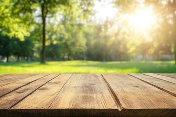 Wooden Table Overlooking Green Park Area with Sunlight Background
