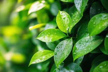 Fresh Green Leaves with Water Droplets on Vibrant Background