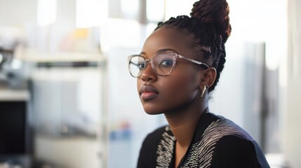 Thoughtful young woman in glasses working in modern office environment