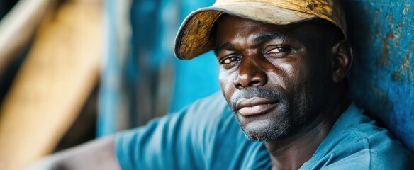 Thoughtful Man in Work Clothes with Cap Against Blue Background