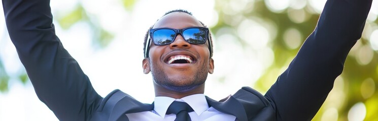 Happy Man Celebrating Outdoors with Sunglasses and Business Attire