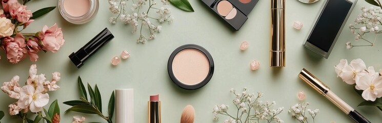 Flat Lay of Beauty Products and Floral Accents on Green Background