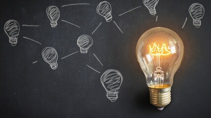 Light Bulb with Ideas and Creativity Concept on Chalkboard Background