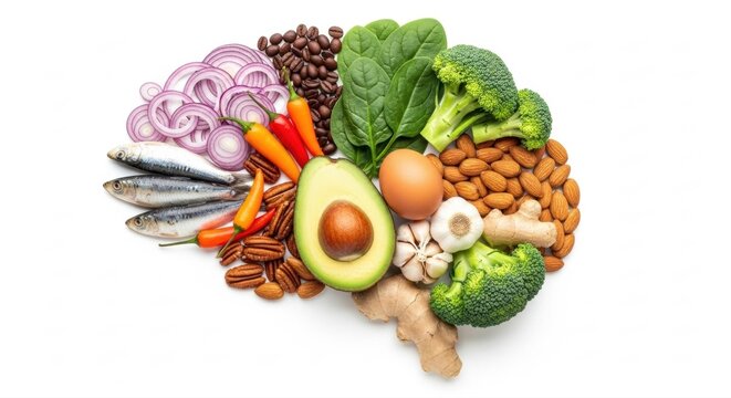 A brain shape made of healthy food including vegetables nuts and fish on a white background