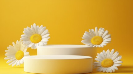 Yellow Background with White Daisies and Circular Display Stands