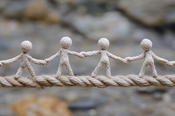 Handmade Yarn Figures Holding Hands on Rope in Natural Environment