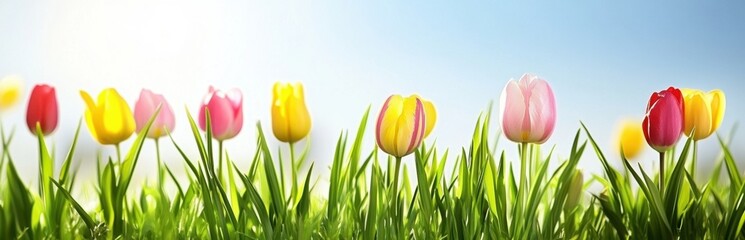 Colorful Tulips Blooming in a Sunny Spring Meadow with Blue Sky