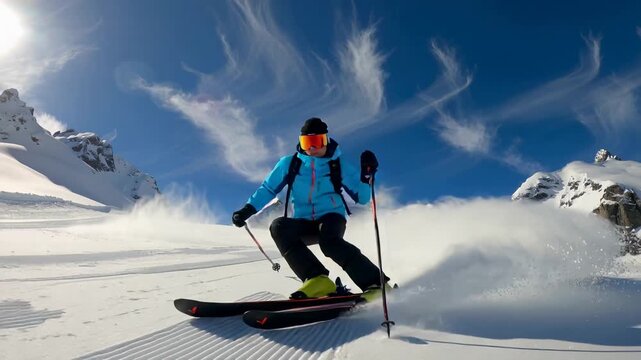 Young man skiing down the hill in winter snow resort - Extreme sport concept - Model by AI generative

