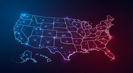 Futuristic glowing digital USA map with blue and red neon lights showing data network connections across states, modern technology background concept for innovation, communication and global business.