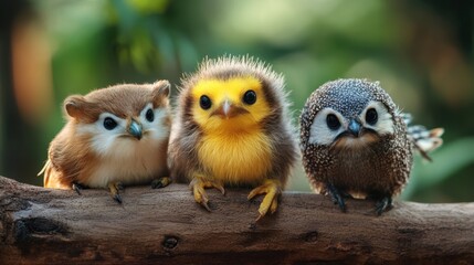 Charming Baby Birds Sitting Together on a Branch in Nature