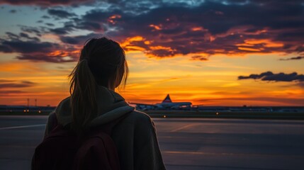 Woman Watching Sunset at Airport with Airplane in Background