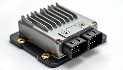 Electronic Control Unit displayed against white background. This tech component made from metal contains multiple connectors. Automotive part for vehicle digital control systems.