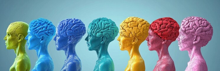 Colorful Human Silhouettes with Vibrant Brain Models Side by Side