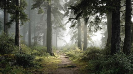 Fototapeta premium Misty Forest Path Through Tall Trees with Sunlight Filtering Through Fog and Lush Green Vegetation in a Tranquil Nature Setting