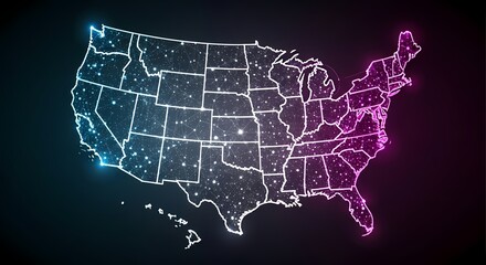 Obraz premium Futuristic glowing digital USA map with blue and red neon lights showing data network connections across states, modern technology background concept for innovation, communication and global business.