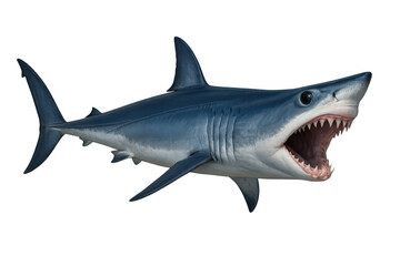 Fototapeta premium Mako shark swimming with open mouth, showing sharp teeth, predator ocean animal on transparent background