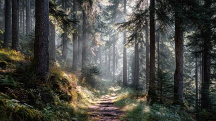 Fototapeta premium Serene Forest Pathway Illuminated by Soft Sunlight in Lush Green Wilderness, Inviting Connection with Nature and Tranquility for Outdoor Enthusiasts and Nature Lovers