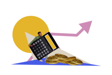 Composite trend artwork sketch photo collage of trader business arrow direction up young guy walk carry huge calculator count economist