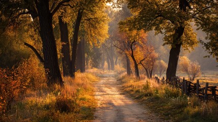 Fototapeta premium Serene Autumn Pathway Through Golden Trees in a Tranquil Landscape with Morning Light Filtering Through the Foliage and Soft Shadows on the Ground