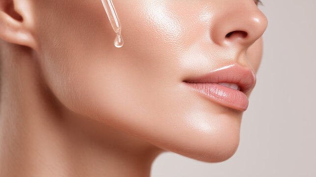 Macro shot of asian female jawline with glowing skin serum dropper applying facial oil smooth complexion healthy skincare natural beauty closeup soft lighting fresh radiant youthful
