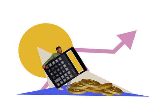 Composite trend artwork sketch photo collage of trader business arrow direction up young guy walk carry huge calculator count economist