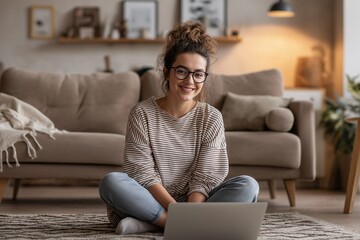 Fototapeta premium Young woman smiling, sitting on floor in living room, using laptop, connecting online in a comfortable home environment