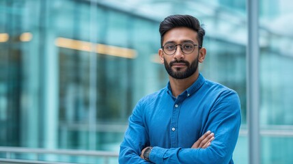 Portrait of professional young Indian businessman with glasses and beard standing with arms crossed confidently in office environment, copy space.