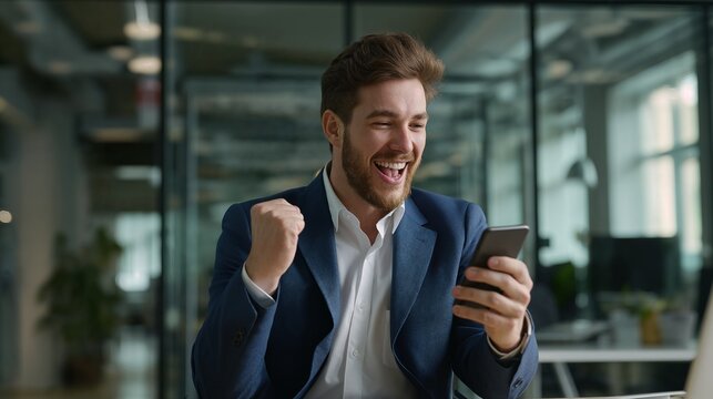 Excited businessman holding a mobile phone, celebrating good news and showing a fist pump for victory
