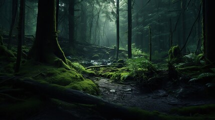 Fototapeta premium A mystical and ancient forest path winding through moss-covered trees with a soft, ethereal glow