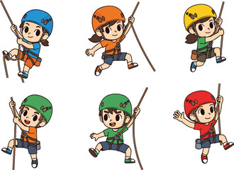 Cartoon children rock climbing in colorful helmets and gear, outdoor adventure illustration for safety education, sports activity, and stock content
