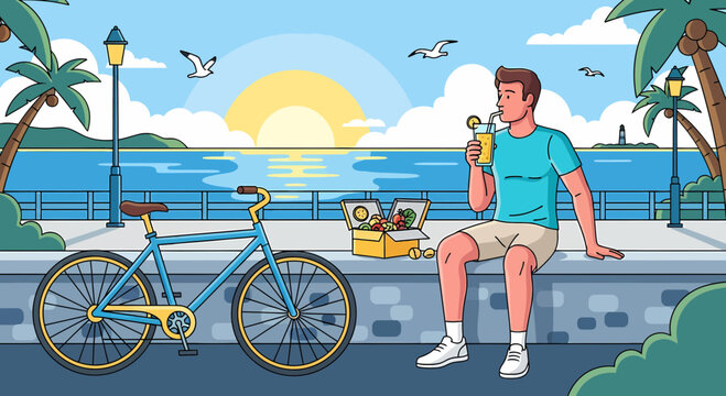 Coastal Relaxation Man Enjoys Drink By Sea With Bicycle