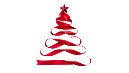 a Christmas tree made of shiny red satin ribbon, isolated on transparent background, merry Christmas concept, creative