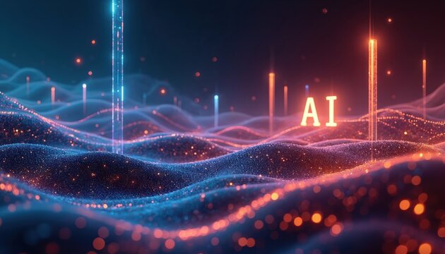Abstract digital background featuring glowing blue, red waves with AI text. Represents agentic autonomy, future assistance through advanced artificial intelligence. Illustrates collaboration between