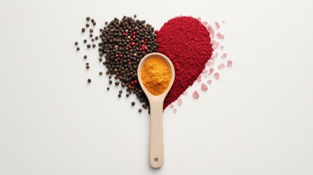 A colorful heart crafted from vibrant spices and herbs with a wooden spoon resting nearby on a white surface - Powered by Adobe