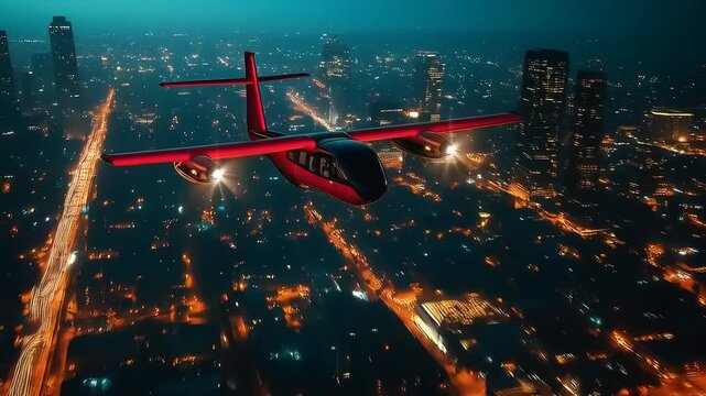 Concept aircraft navigating a futuristic metropolis at twilight generating high intrigue