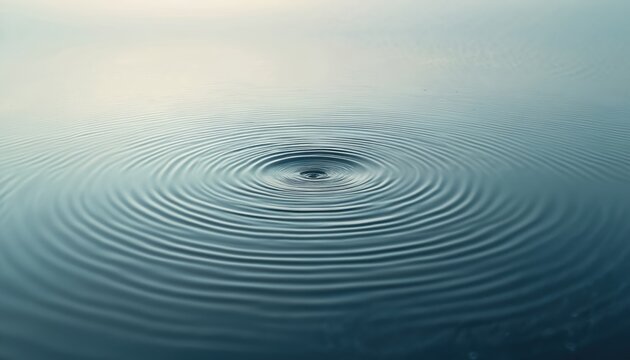 Water surface shows circle wave ripple pattern. Fluid dynamic motion reveals smooth surface. Water drop causes flow. Rings radiate outwards on liquid. Great for background design with calmness.