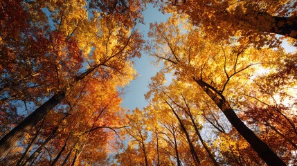 Stunning Canopy of Golden Autumn Leaves Against Clear Sky in Majestic Forest, Capturing the Essence of Fall's Breathtaking Colors and Tranquil Beauty