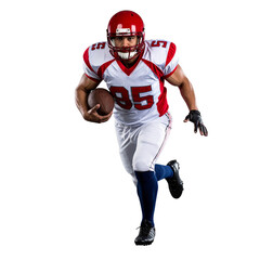 Football Player in Action: A determined athlete charges forward, gripping the football with unwavering focus and agility, embodying the essence of competitive spirit.