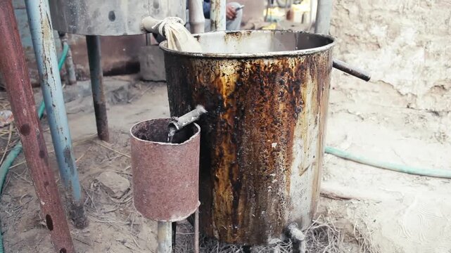 Essential oil is being collected in a traditional Indian essential oil extraction plant