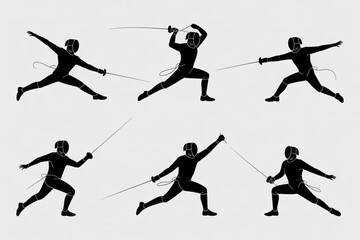 Fototapeta premium Dynamic fencer silhouettes capturing athletic action and competitive spirit in various agile poses for sports and training visuals.