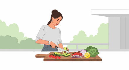Woman Cutting Avocado For A Healthy Meal Preparation On Kitchen