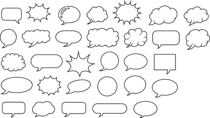 Speech and thought bubbles, comic-style outlines, black and white templates, cartoon dialogue shapes, graphic design elements, vector icons, expressive communication assets