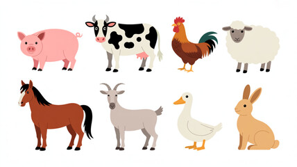 Obraz premium Farm animal friends, including a pig, cow, rooster, sheep, horse, goat, duck, and rabbit, perfect for children's illustrations or educational resources.