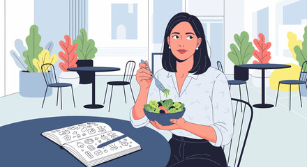 Woman Enjoying A Healthy Salad Lunch While Sketching