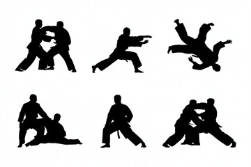 Dynamic martial arts silhouettes capture intense combat training and agile movements in powerful action poses