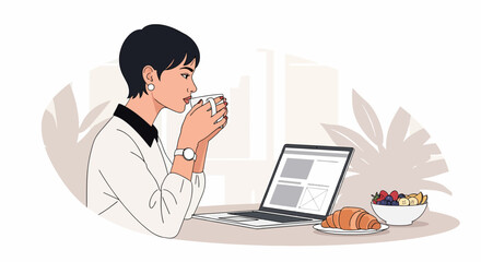 Woman Enjoying Coffee And Breakfast While Working On Laptop