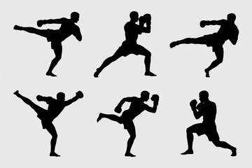 Dynamic martial artists in action silhouettes showcasing powerful kicks and boxing stances for combat sports and fitness visuals