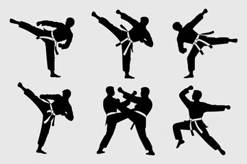 Dynamic martial artists showcasing powerful kicks and combat poses in stylized silhouettes, perfect for sports and action themes.